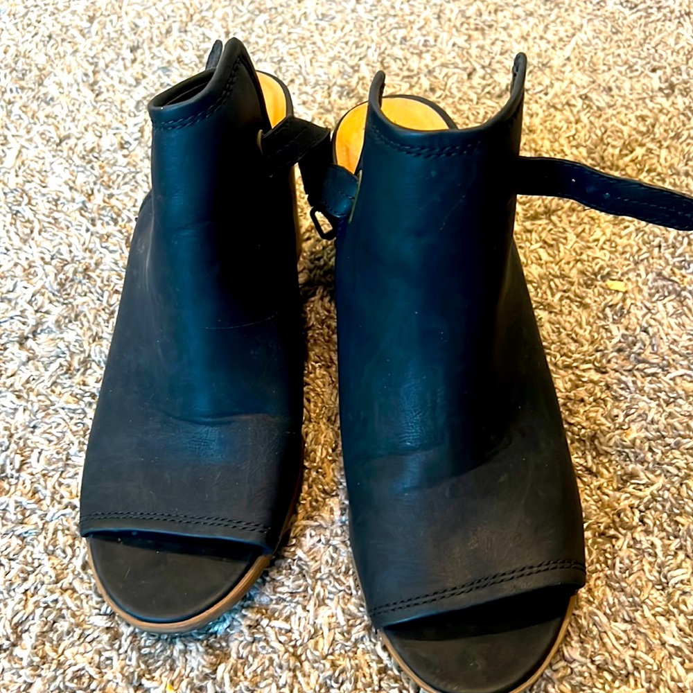 Black Time and Tru open toed wedge booties